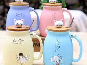 450ml Cartoon Ceramics Cat Mug With Lid and Spoon Coffee Milk Tea Mugs Breakfast Cup Drinkware Novelty Gifts