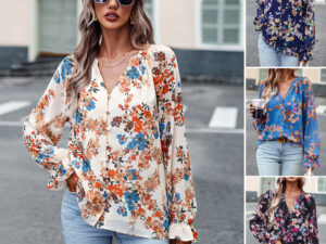 Women’s Tops Casual Floral Print V Neck Long Sleeve Shirts Loose Chiffon Blouses Shirts Tops