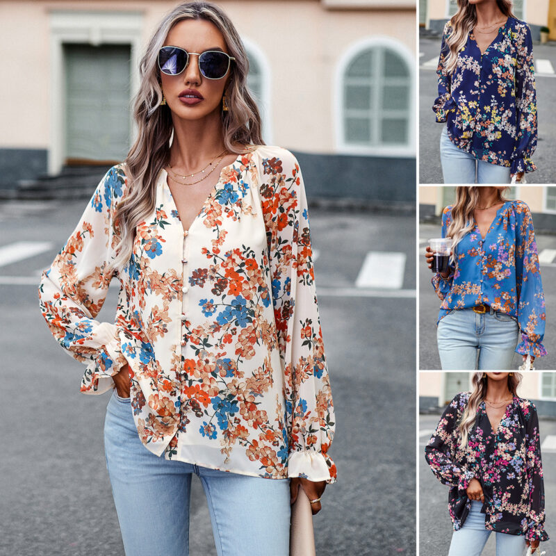 Women’s Tops Casual Floral Print V Neck Long Sleeve Shirts Loose Chiffon Blouses Shirts Tops