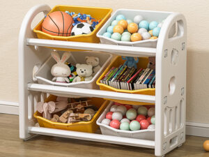 Kids Toy Storage Organizer With 6 Bins, Multi-functional Nursery Organizer Kids Furniture Set Toy Storage Cabinet Unit With HDPE Shelf And Bins For Playroom, Bedroom, Living Room Yellow White Color