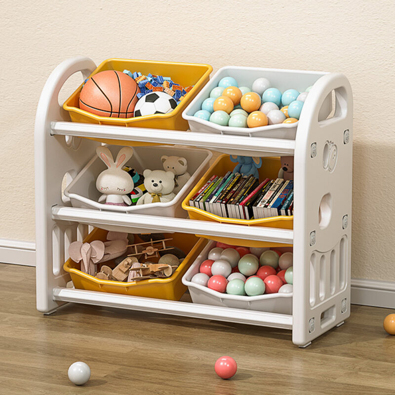 Kids Toy Storage Organizer With 6 Bins, Multi-functional Nursery Organizer Kids Furniture Set Toy Storage Cabinet Unit With HDPE Shelf And Bins For Playroom, Bedroom, Living Room Yellow White Color