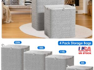 4 Pack Foldable Non Woven Storage Bags Closet Organizers Wardrobe Sorting Baskets With 2 Handles Dustproof Lid Zipper For Clothes Quilt 30L 110L 150L 220L