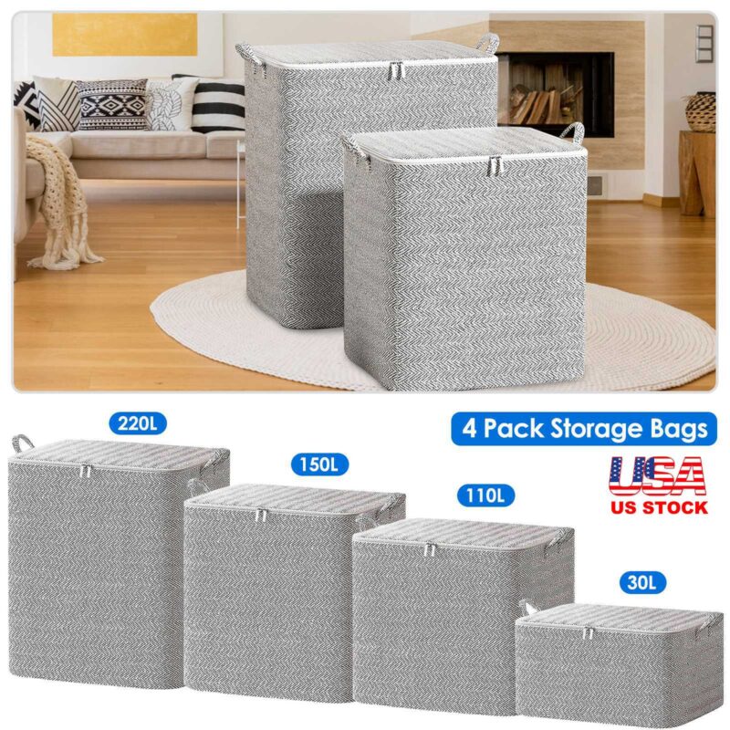 4 Pack Foldable Non Woven Storage Bags Closet Organizers Wardrobe Sorting Baskets With 2 Handles Dustproof Lid Zipper For Clothes Quilt 30L 110L 150L 220L